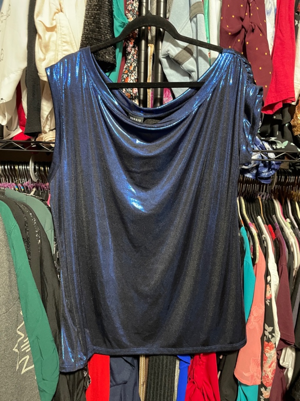 #254 size 2 Torrid NWT Shimmer Cowl Neck Metallic Blue off shoulder Top